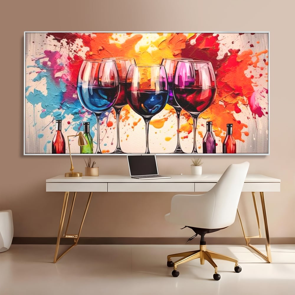 Tablou Canvas Premium, LuxCanva® N1043, Orchestra Somelierului, Bautura, Party, Pahare, Vin, Sticle, Multicolor, Vibrant, Energie, Veselie, Splash, Pub, Lounge, Bar, Restaurant, Bucatarie