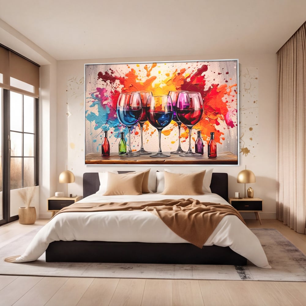 Tablou Canvas Premium, LuxCanva® N1043, Orchestra Somelierului, Bautura, Party, Pahare, Vin, Sticle, Multicolor, Vibrant, Energie, Veselie, Splash, Pub, Lounge, Bar, Restaurant, Bucatarie