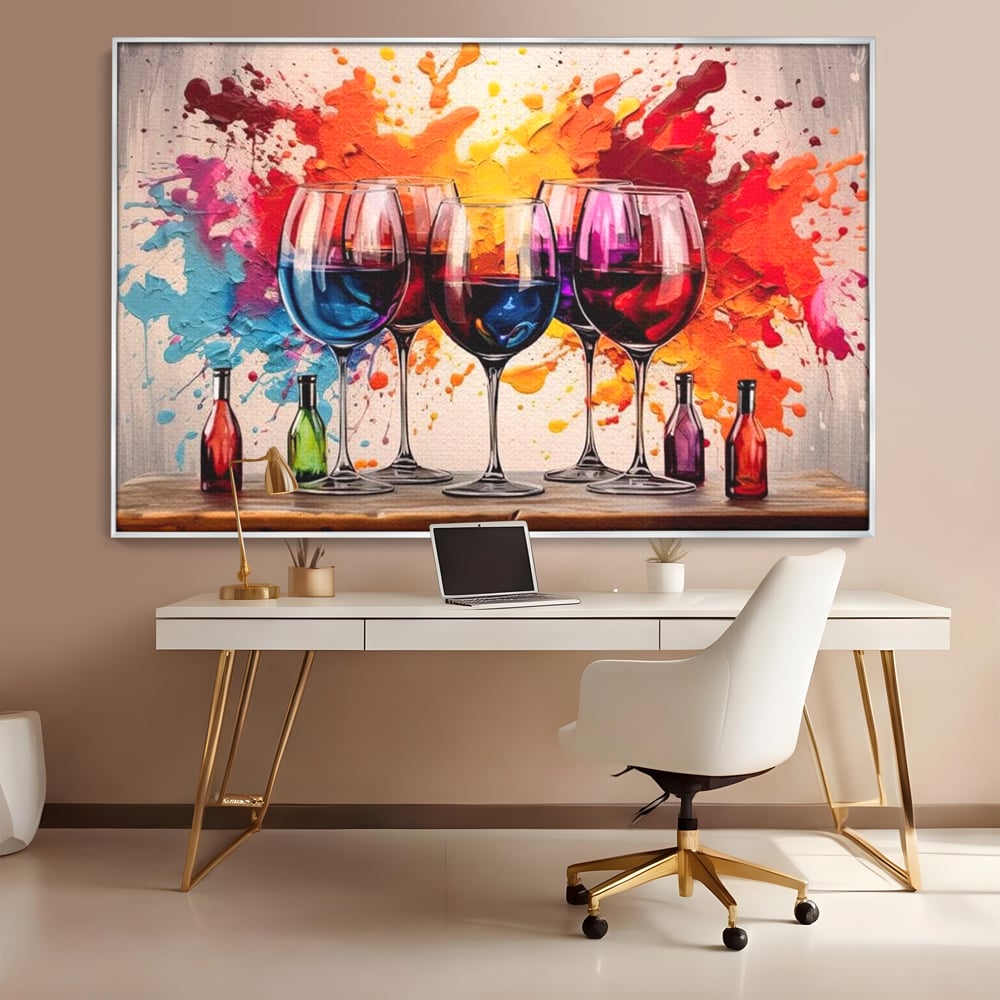 Tablou Canvas Premium, LuxCanva® N1043, Orchestra Somelierului, Bautura, Party, Pahare, Vin, Sticle, Multicolor, Vibrant, Energie, Veselie, Splash, Pub, Lounge, Bar, Restaurant, Bucatarie