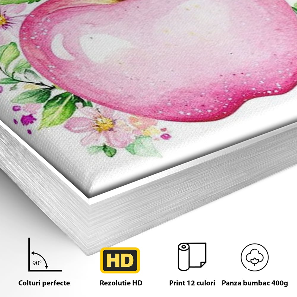 Leinwand Wandkunst Canvas Premium, LuxCanva® N1047, Verzauberter Apfel, Obst, Apfel, Rosa, Blumen, Natur, Frühling, Frühling, Blätter, Magie, Magisch, Schimmernd, Restaurant, Küche