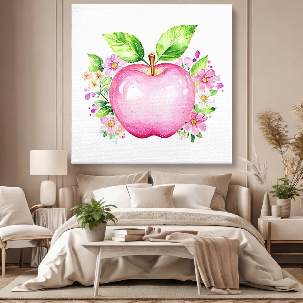 Leinwand Wandkunst Canvas Premium, LuxCanva® N1047, Verzauberter Apfel, Obst, Apfel, Rosa, Blumen, Natur, Frühling, Frühling, Blätter, Magie, Magisch, Schimmernd, Restaurant, Küche