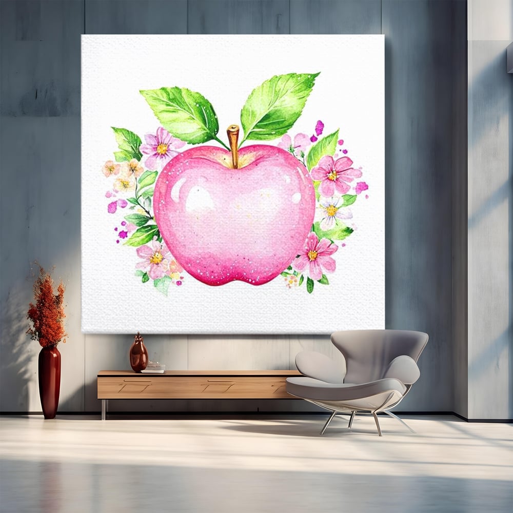 Leinwand Wandkunst Canvas Premium, LuxCanva® N1047, Verzauberter Apfel, Obst, Apfel, Rosa, Blumen, Natur, Frühling, Frühling, Blätter, Magie, Magisch, Schimmernd, Restaurant, Küche