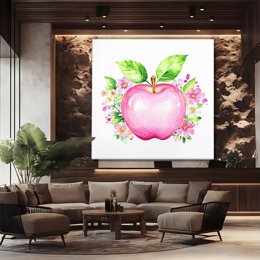 Leinwand Wandkunst Canvas Premium, LuxCanva® N1047, Verzauberter Apfel, Obst, Apfel, Rosa, Blumen, Natur, Frühling, Frühling, Blätter, Magie, Magisch, Schimmernd, Restaurant, Küche