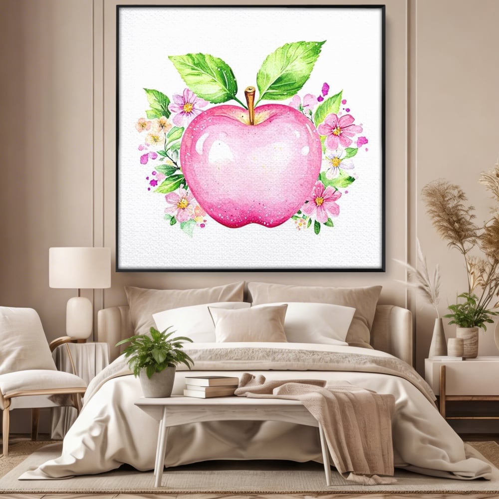 Leinwand Wandkunst Canvas Premium, LuxCanva® N1047, Verzauberter Apfel, Obst, Apfel, Rosa, Blumen, Natur, Frühling, Frühling, Blätter, Magie, Magisch, Schimmernd, Restaurant, Küche