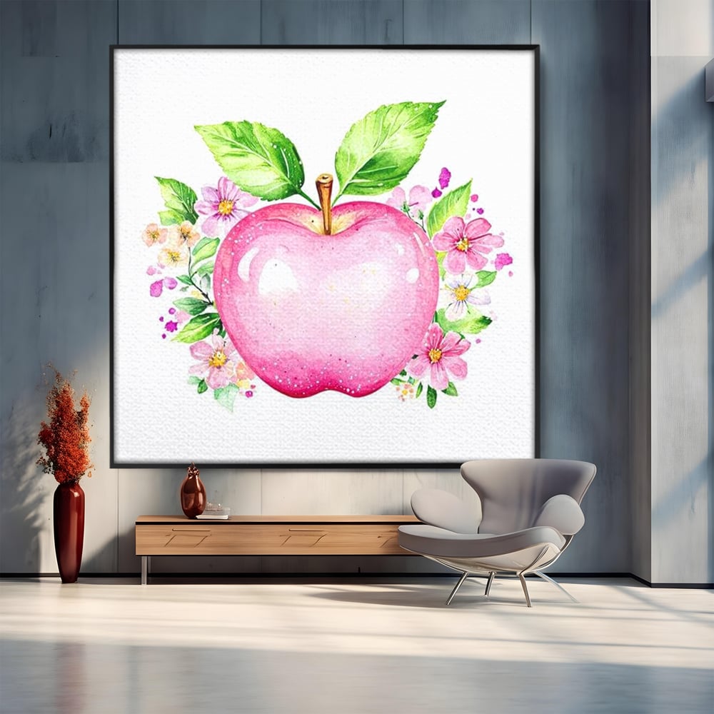 Leinwand Wandkunst Canvas Premium, LuxCanva® N1047, Verzauberter Apfel, Obst, Apfel, Rosa, Blumen, Natur, Frühling, Frühling, Blätter, Magie, Magisch, Schimmernd, Restaurant, Küche