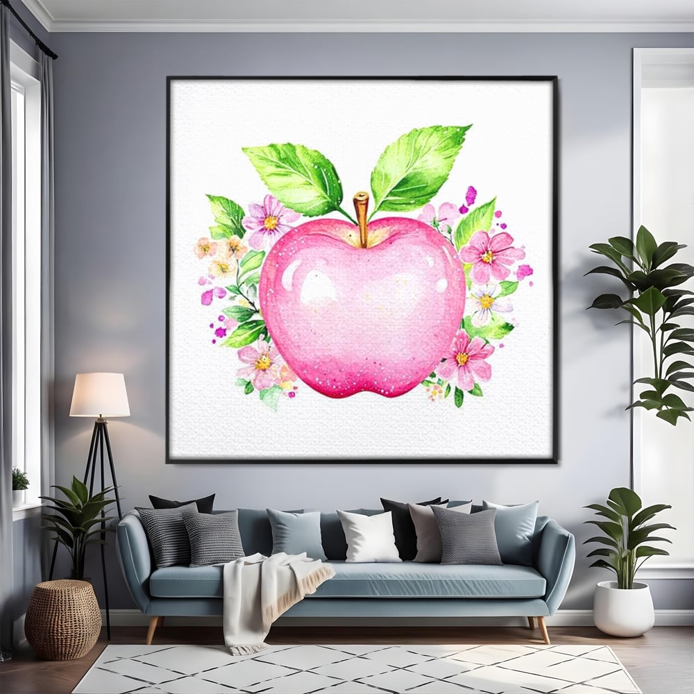 Leinwand Wandkunst Canvas Premium, LuxCanva® N1047, Verzauberter Apfel, Obst, Apfel, Rosa, Blumen, Natur, Frühling, Frühling, Blätter, Magie, Magisch, Schimmernd, Restaurant, Küche