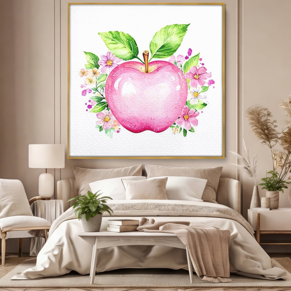 Leinwand Wandkunst Canvas Premium, LuxCanva® N1047, Verzauberter Apfel, Obst, Apfel, Rosa, Blumen, Natur, Frühling, Frühling, Blätter, Magie, Magisch, Schimmernd, Restaurant, Küche