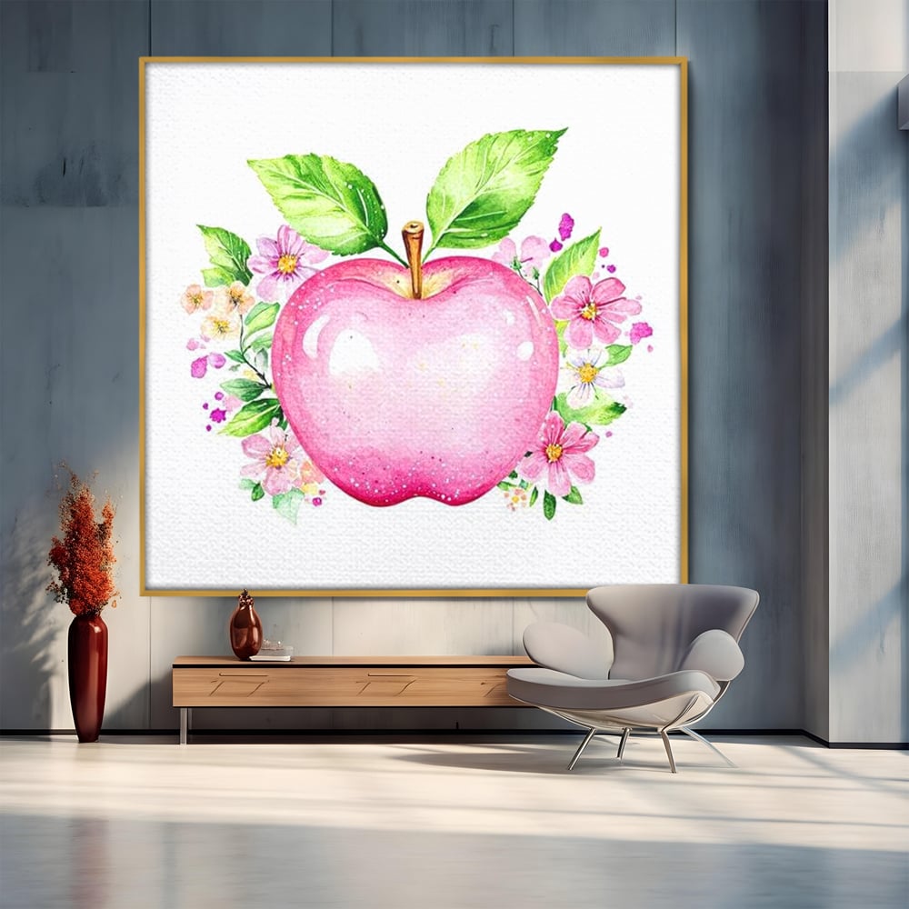 Leinwand Wandkunst Canvas Premium, LuxCanva® N1047, Verzauberter Apfel, Obst, Apfel, Rosa, Blumen, Natur, Frühling, Frühling, Blätter, Magie, Magisch, Schimmernd, Restaurant, Küche
