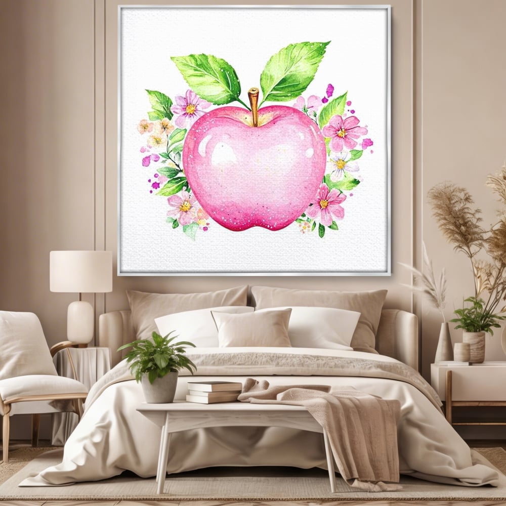 Leinwand Wandkunst Canvas Premium, LuxCanva® N1047, Verzauberter Apfel, Obst, Apfel, Rosa, Blumen, Natur, Frühling, Frühling, Blätter, Magie, Magisch, Schimmernd, Restaurant, Küche