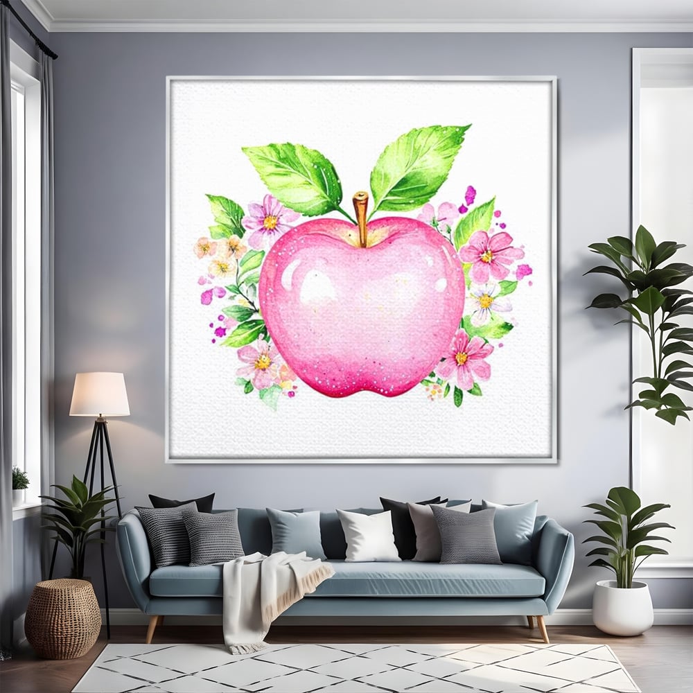 Leinwand Wandkunst Canvas Premium, LuxCanva® N1047, Verzauberter Apfel, Obst, Apfel, Rosa, Blumen, Natur, Frühling, Frühling, Blätter, Magie, Magisch, Schimmernd, Restaurant, Küche