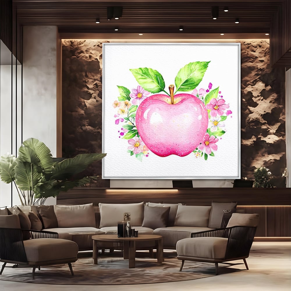 Leinwand Wandkunst Canvas Premium, LuxCanva® N1047, Verzauberter Apfel, Obst, Apfel, Rosa, Blumen, Natur, Frühling, Frühling, Blätter, Magie, Magisch, Schimmernd, Restaurant, Küche