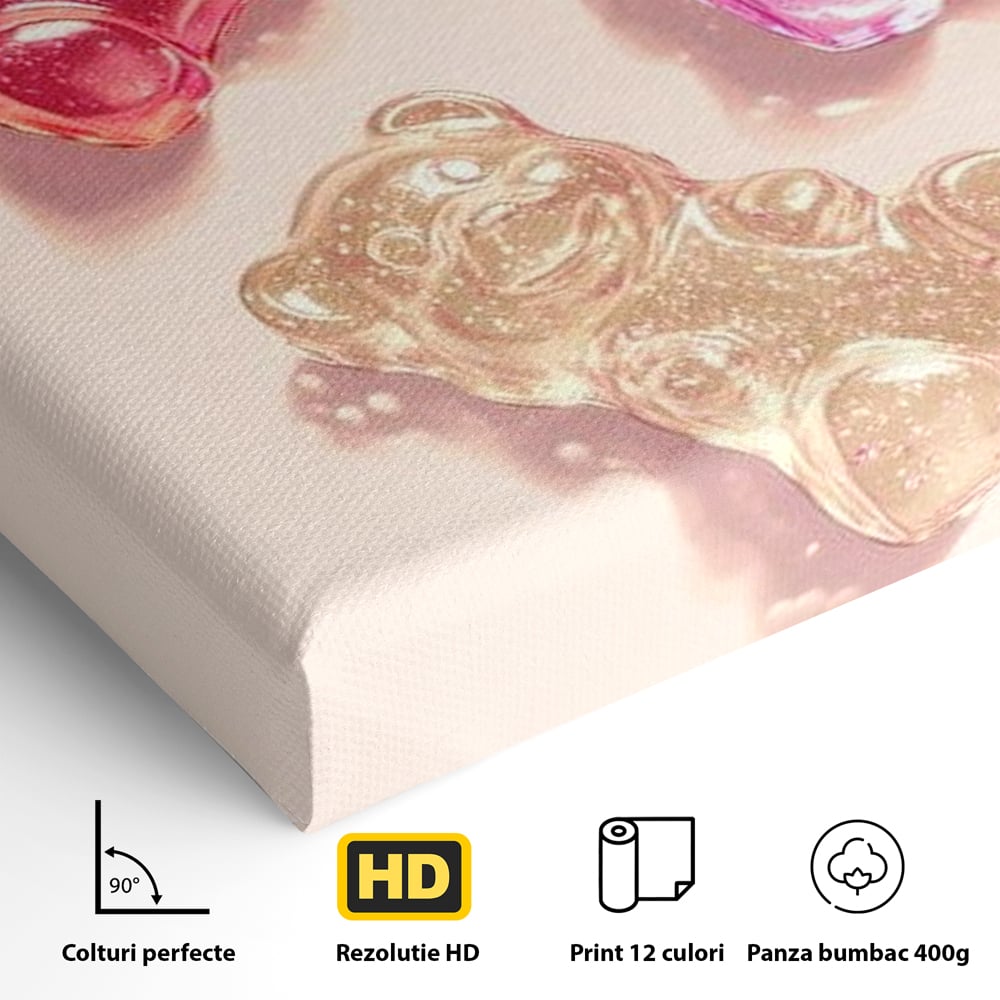 Tablou Canvas Premium, LuxCanva® N1048, Un Trio Dulce, Ursuleti, Jeleuri, Dulce, Copilarie, Desert, Stralucitor, Candy, Mini, Colorat, Camera Copil, Restaurant, Bucatarie