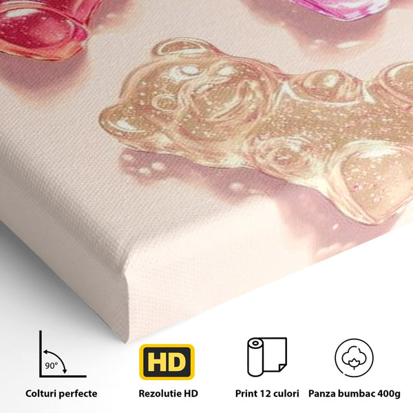 Tablou Canvas Premium, LuxCanva® N1048, Un Trio Dulce, Ursuleti, Jeleuri, Dulce, Copilarie, Desert, Stralucitor, Candy, Mini, Colorat, Camera Copil, Restaurant, Bucatarie