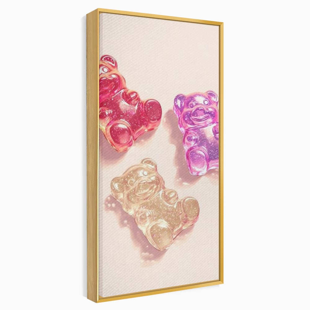 Tablou Canvas Premium, LuxCanva® N1048, Un Trio Dulce, Ursuleti, Jeleuri, Dulce, Copilarie, Desert, Stralucitor, Candy, Mini, Colorat, Camera Copil, Restaurant, Bucatarie