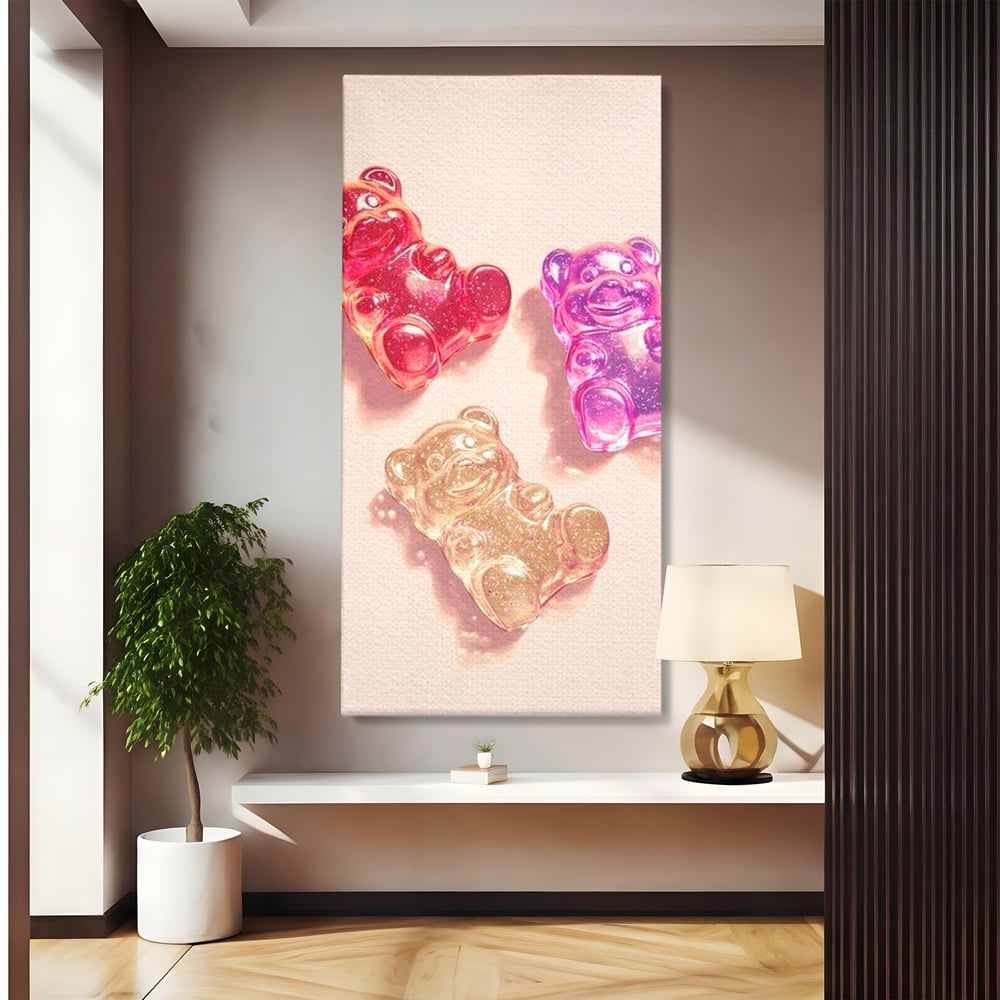 Tablou Canvas Premium, LuxCanva® N1048, Un Trio Dulce, Ursuleti, Jeleuri, Dulce, Copilarie, Desert, Stralucitor, Candy, Mini, Colorat, Camera Copil, Restaurant, Bucatarie