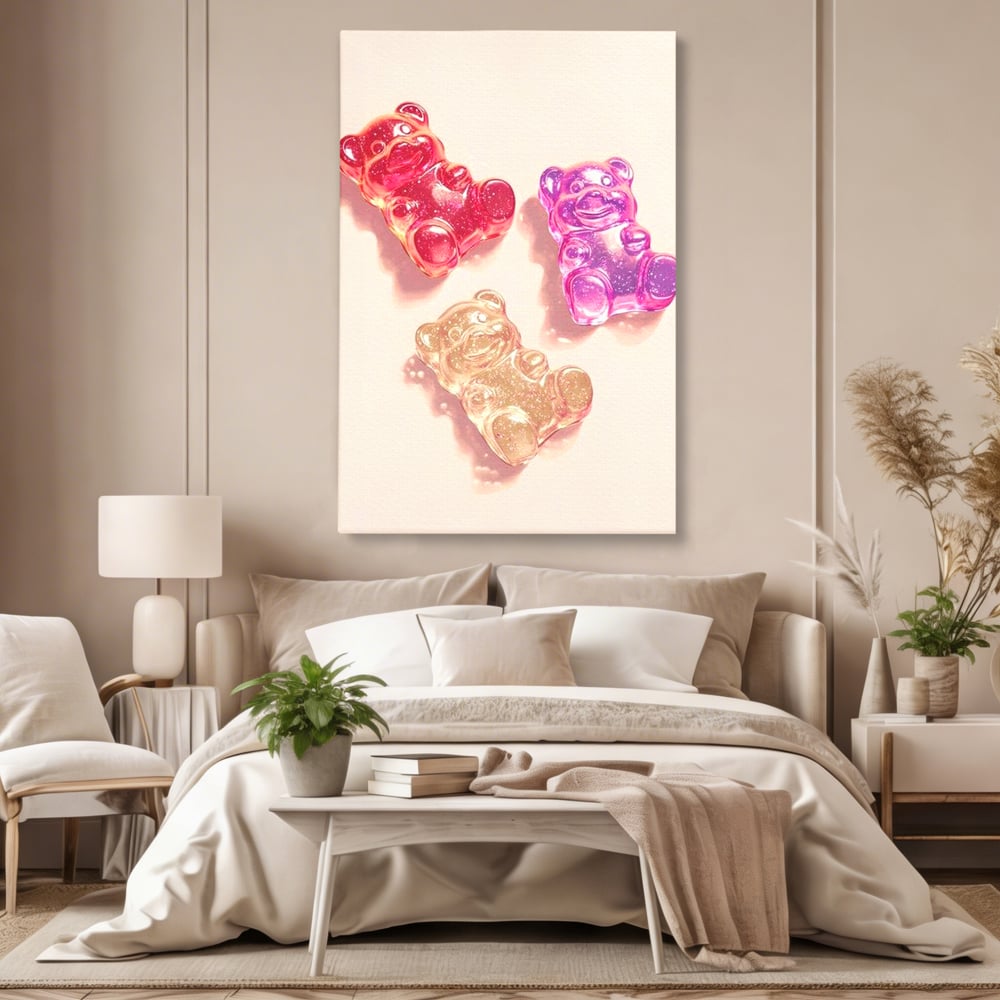 Tablou Canvas Premium, LuxCanva® N1048, Un Trio Dulce, Ursuleti, Jeleuri, Dulce, Copilarie, Desert, Stralucitor, Candy, Mini, Colorat, Camera Copil, Restaurant, Bucatarie