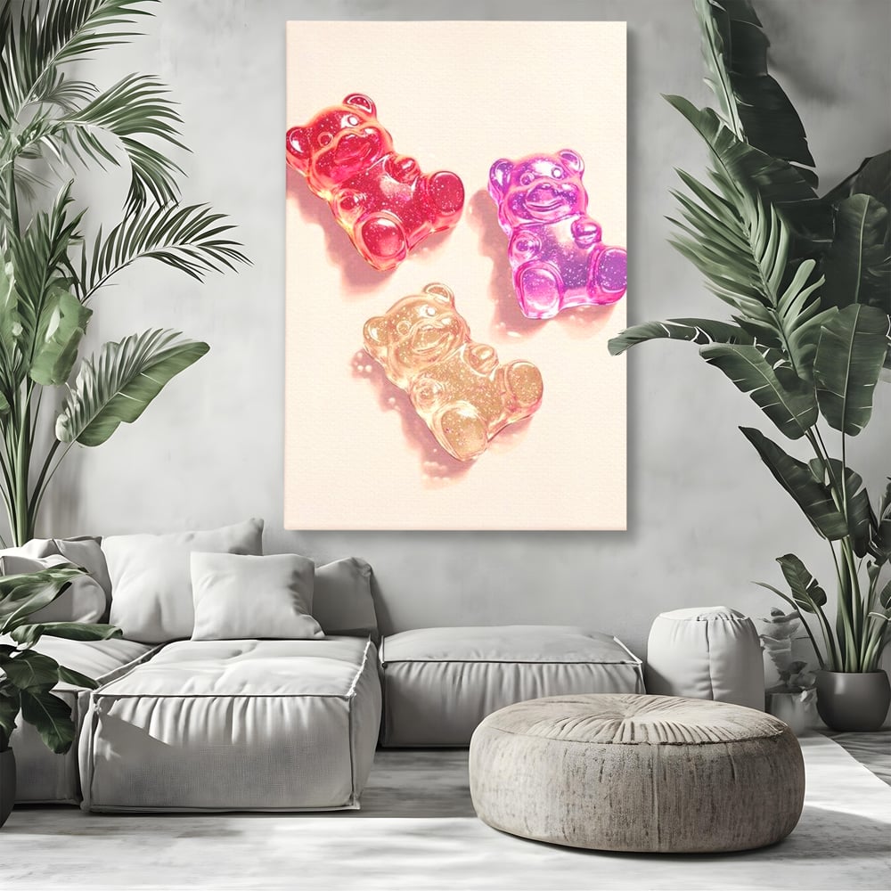 Tablou Canvas Premium, LuxCanva® N1048, Un Trio Dulce, Ursuleti, Jeleuri, Dulce, Copilarie, Desert, Stralucitor, Candy, Mini, Colorat, Camera Copil, Restaurant, Bucatarie