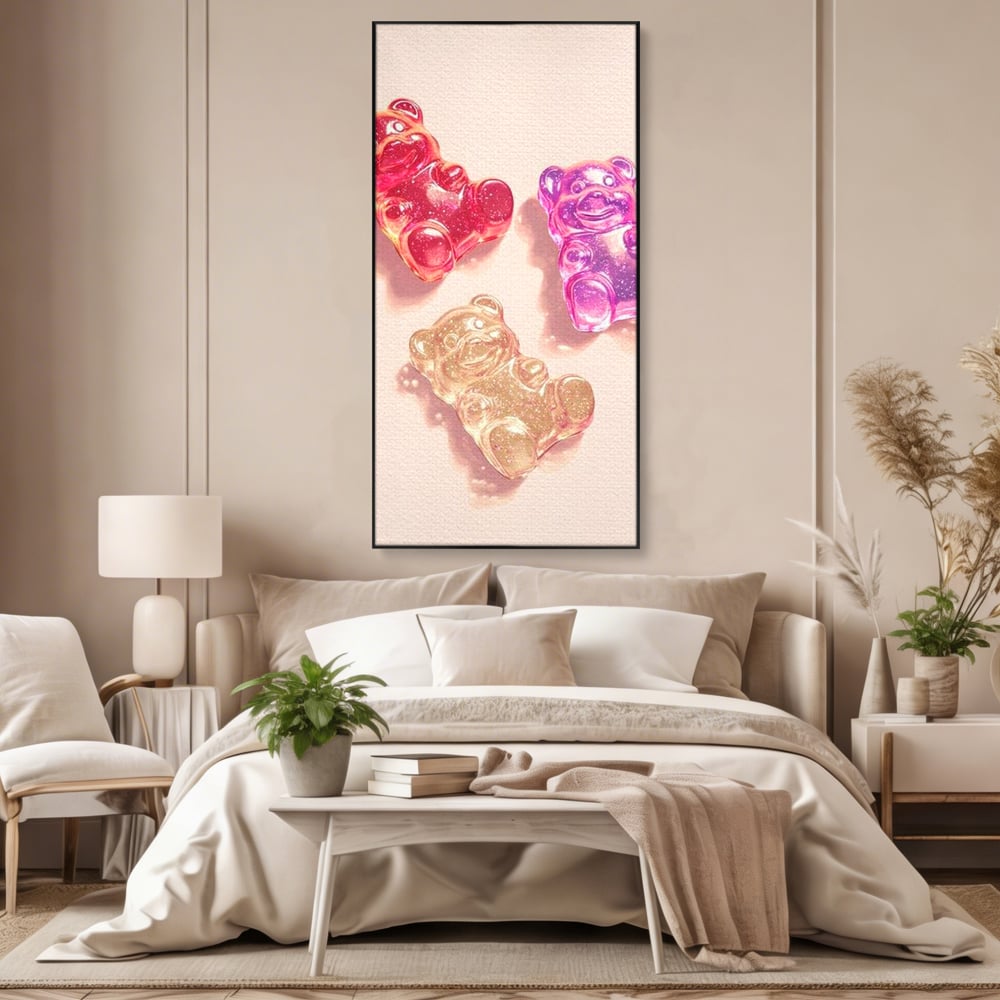 Tablou Canvas Premium, LuxCanva® N1048, Un Trio Dulce, Ursuleti, Jeleuri, Dulce, Copilarie, Desert, Stralucitor, Candy, Mini, Colorat, Camera Copil, Restaurant, Bucatarie