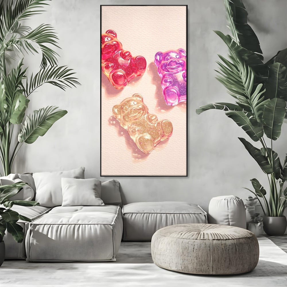 Tablou Canvas Premium, LuxCanva® N1048, Un Trio Dulce, Ursuleti, Jeleuri, Dulce, Copilarie, Desert, Stralucitor, Candy, Mini, Colorat, Camera Copil, Restaurant, Bucatarie