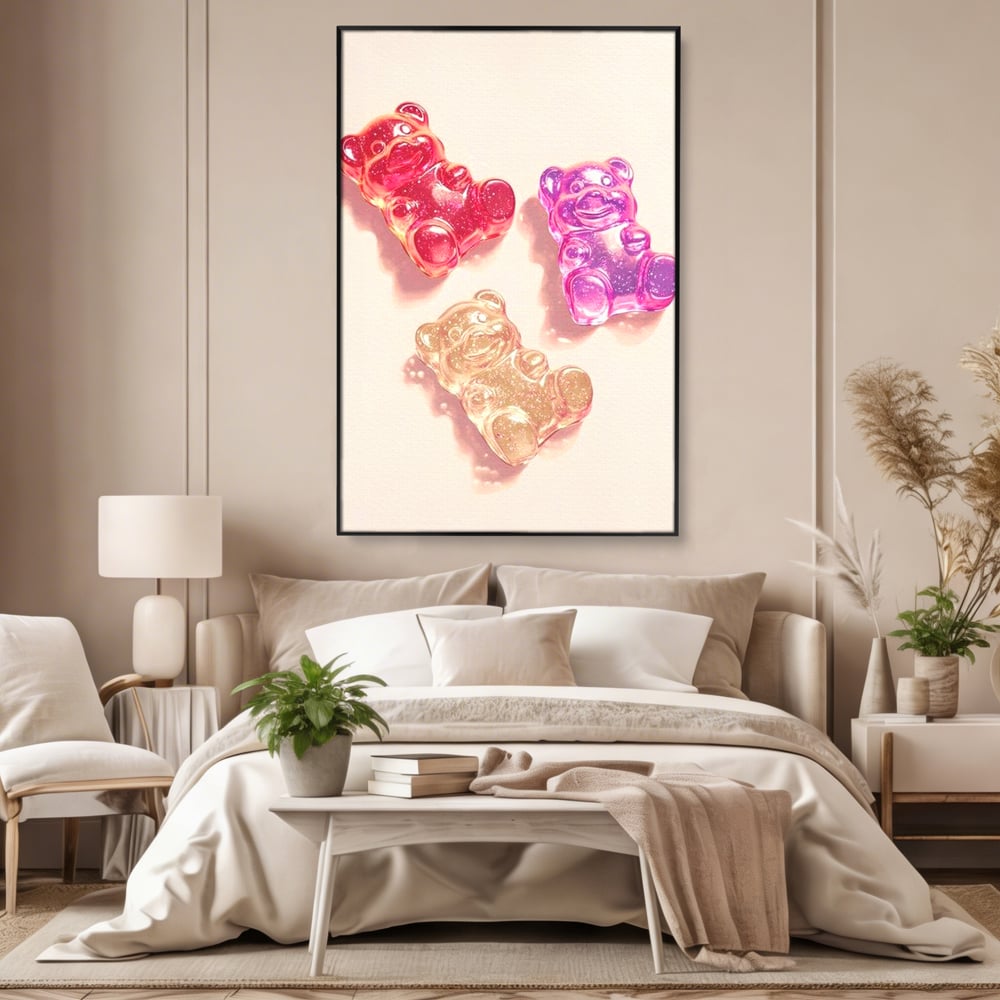 Tablou Canvas Premium, LuxCanva® N1048, Un Trio Dulce, Ursuleti, Jeleuri, Dulce, Copilarie, Desert, Stralucitor, Candy, Mini, Colorat, Camera Copil, Restaurant, Bucatarie