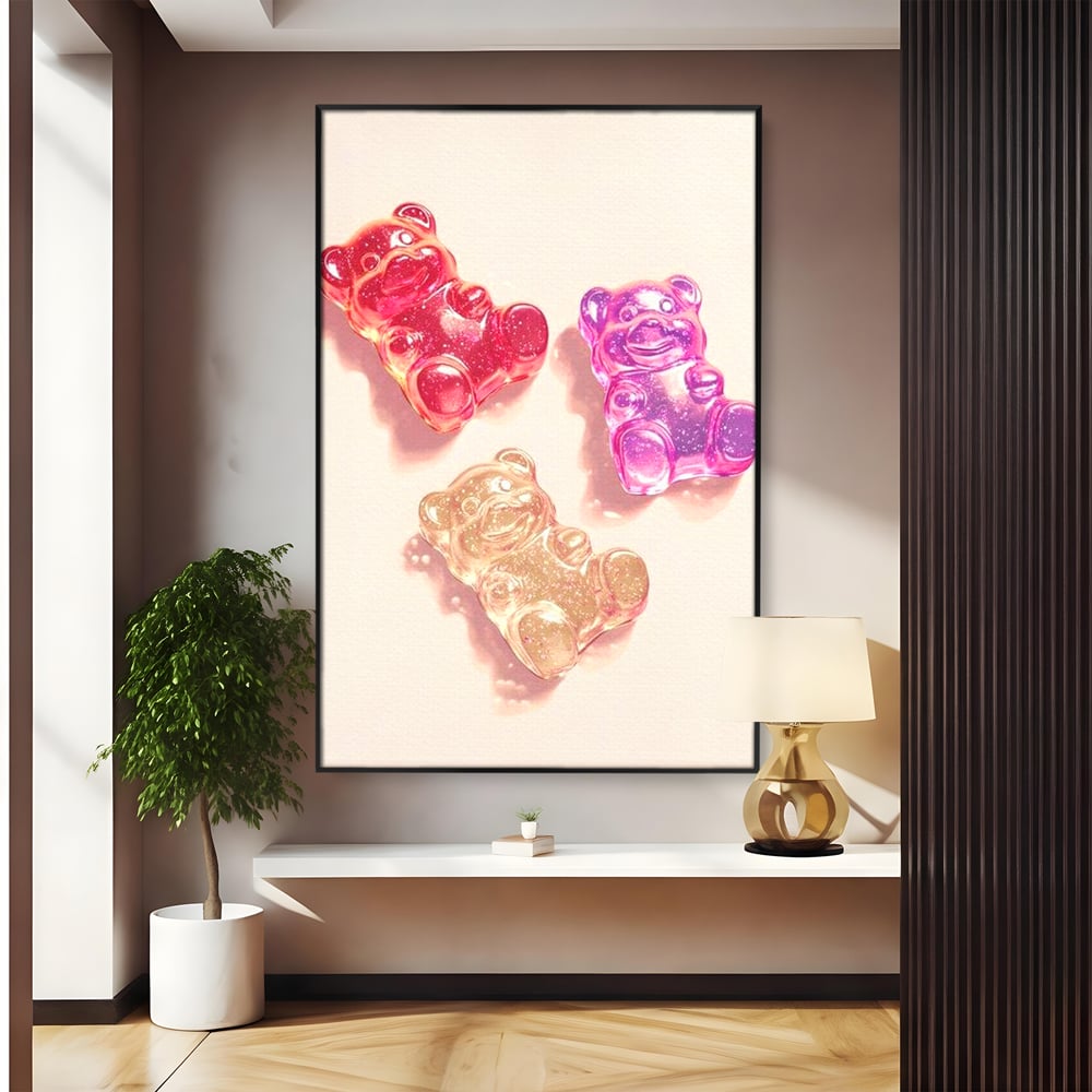 Tablou Canvas Premium, LuxCanva® N1048, Un Trio Dulce, Ursuleti, Jeleuri, Dulce, Copilarie, Desert, Stralucitor, Candy, Mini, Colorat, Camera Copil, Restaurant, Bucatarie