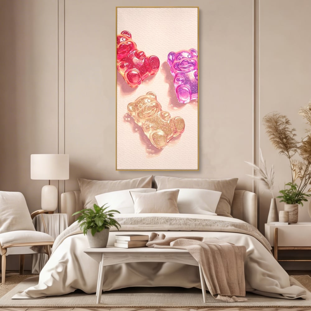 Tablou Canvas Premium, LuxCanva® N1048, Un Trio Dulce, Ursuleti, Jeleuri, Dulce, Copilarie, Desert, Stralucitor, Candy, Mini, Colorat, Camera Copil, Restaurant, Bucatarie