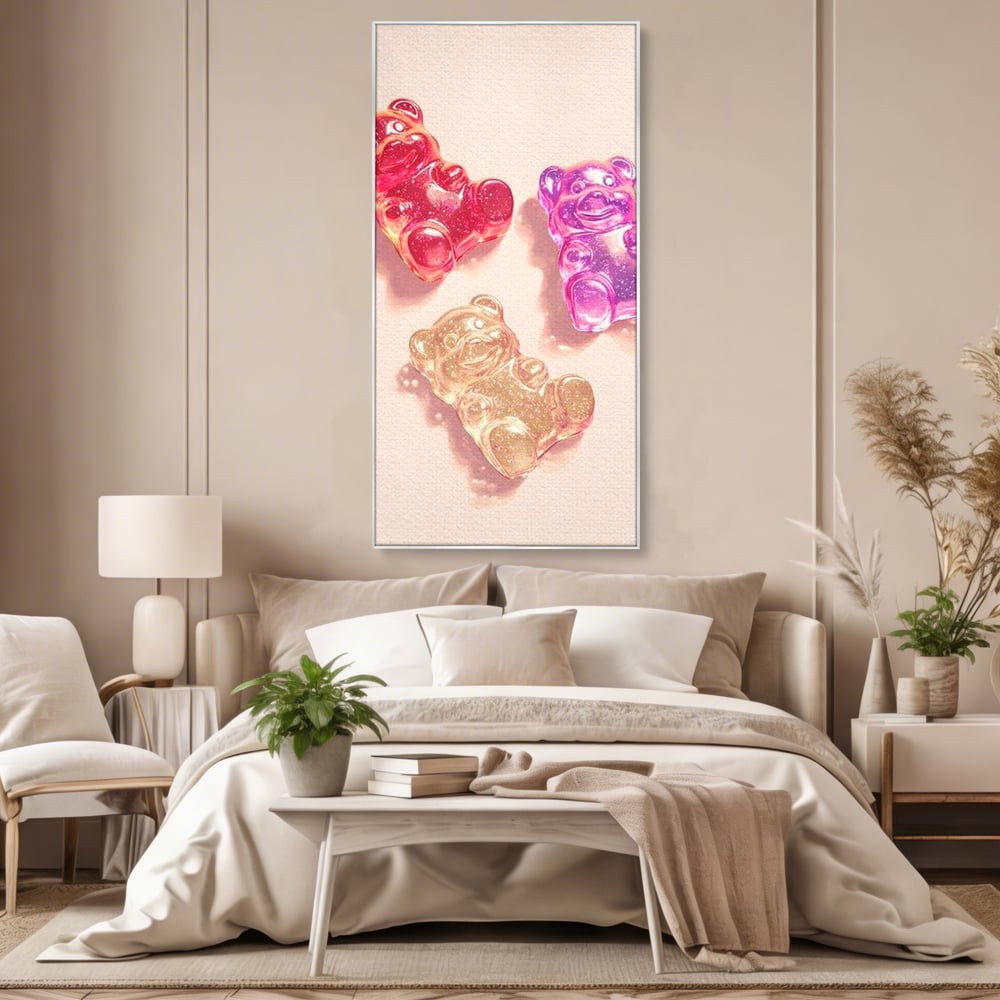 Tablou Canvas Premium, LuxCanva® N1048, Un Trio Dulce, Ursuleti, Jeleuri, Dulce, Copilarie, Desert, Stralucitor, Candy, Mini, Colorat, Camera Copil, Restaurant, Bucatarie