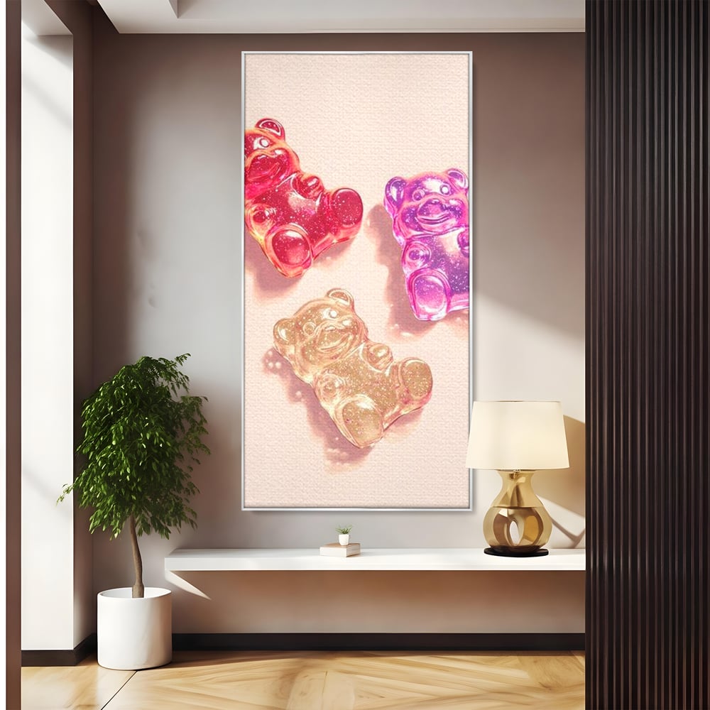 Tablou Canvas Premium, LuxCanva® N1048, Un Trio Dulce, Ursuleti, Jeleuri, Dulce, Copilarie, Desert, Stralucitor, Candy, Mini, Colorat, Camera Copil, Restaurant, Bucatarie