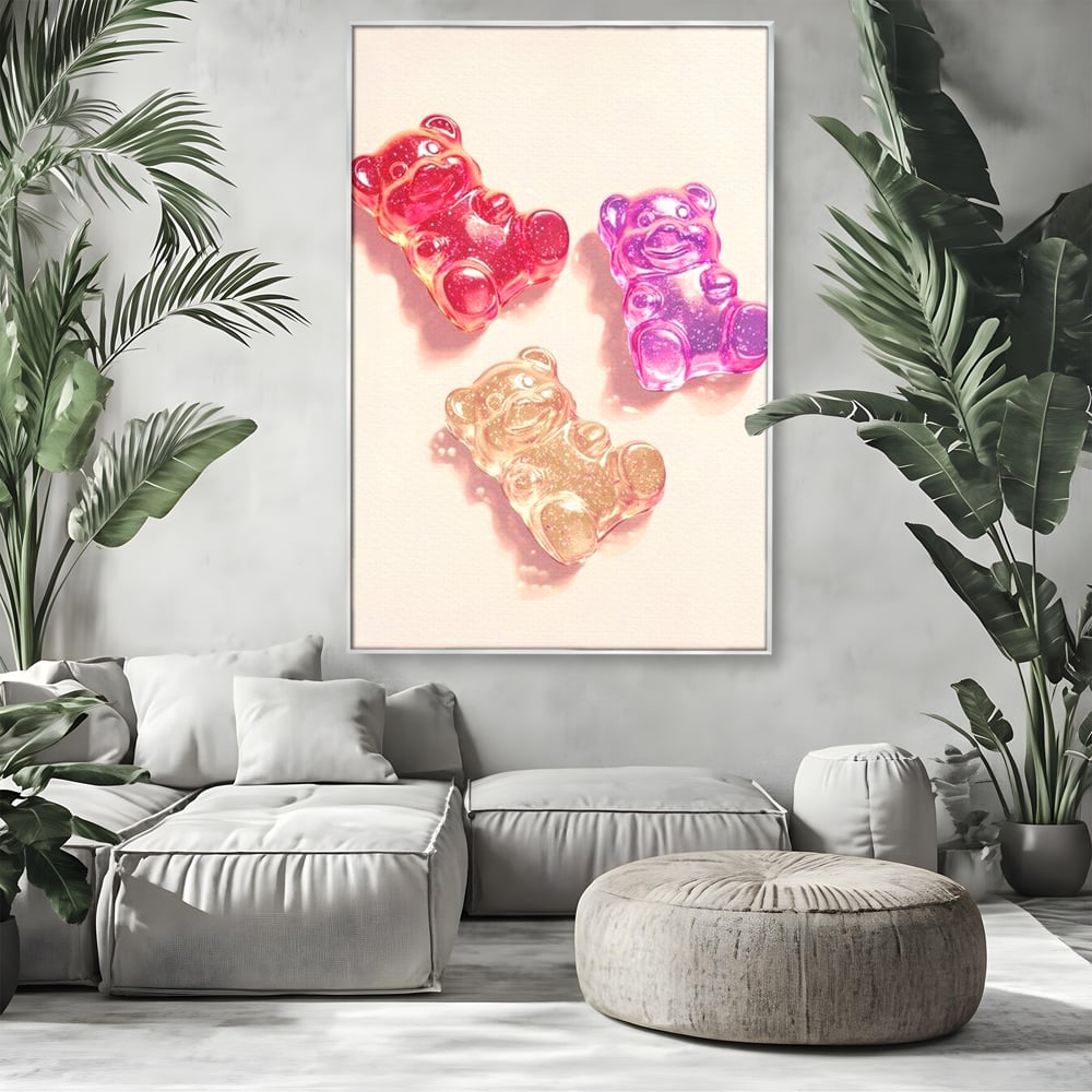 Tablou Canvas Premium, LuxCanva® N1048, Un Trio Dulce, Ursuleti, Jeleuri, Dulce, Copilarie, Desert, Stralucitor, Candy, Mini, Colorat, Camera Copil, Restaurant, Bucatarie