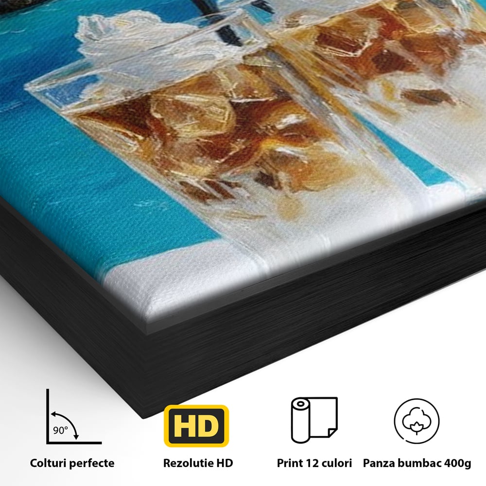Tablou Canvas Premium, LuxCanva® N1049, Escapada cu Gust, Cafea, Frappe, Pahare, Frisca, Gheata, Latte, Vacanta, Rasfat, Priveliste, Ocean, Pub, Cafenea, Bar, Restaurant, Bucatarie