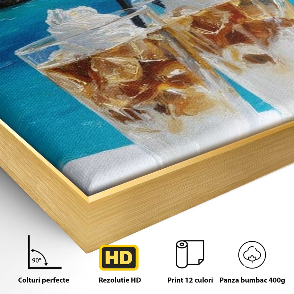 Tablou Canvas Premium, LuxCanva® N1049, Escapada cu Gust, Cafea, Frappe, Pahare, Frisca, Gheata, Latte, Vacanta, Rasfat, Priveliste, Ocean, Pub, Cafenea, Bar, Restaurant, Bucatarie