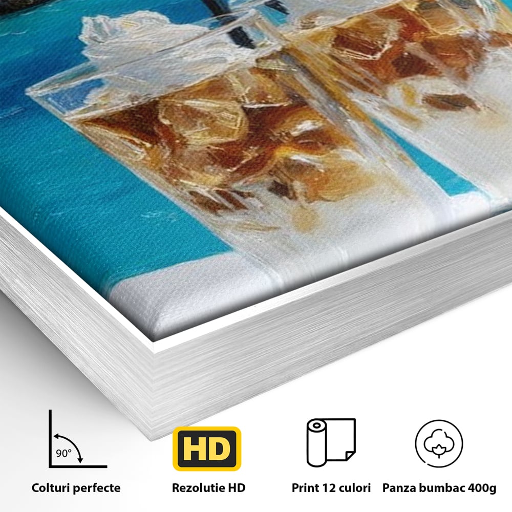 Tablou Canvas Premium, LuxCanva® N1049, Escapada cu Gust, Cafea, Frappe, Pahare, Frisca, Gheata, Latte, Vacanta, Rasfat, Priveliste, Ocean, Pub, Cafenea, Bar, Restaurant, Bucatarie