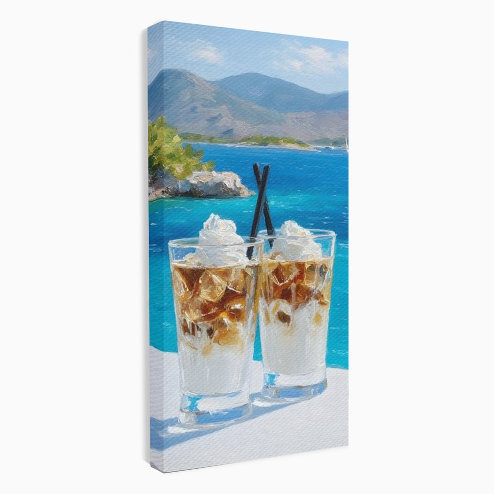 Tablou Canvas Premium, LuxCanva® N1049, Escapada cu Gust, Cafea, Frappe, Pahare, Frisca, Gheata, Latte, Vacanta, Rasfat, Priveliste, Ocean, Pub, Cafenea, Bar, Restaurant, Bucatarie
