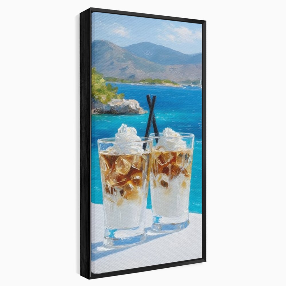 Tablou Canvas Premium, LuxCanva® N1049, Escapada cu Gust, Cafea, Frappe, Pahare, Frisca, Gheata, Latte, Vacanta, Rasfat, Priveliste, Ocean, Pub, Cafenea, Bar, Restaurant, Bucatarie