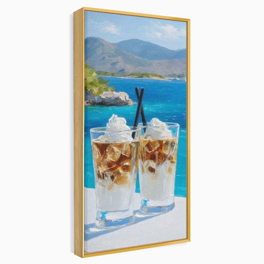 Tablou Canvas Premium, LuxCanva® N1049, Escapada cu Gust, Cafea, Frappe, Pahare, Frisca, Gheata, Latte, Vacanta, Rasfat, Priveliste, Ocean, Pub, Cafenea, Bar, Restaurant, Bucatarie