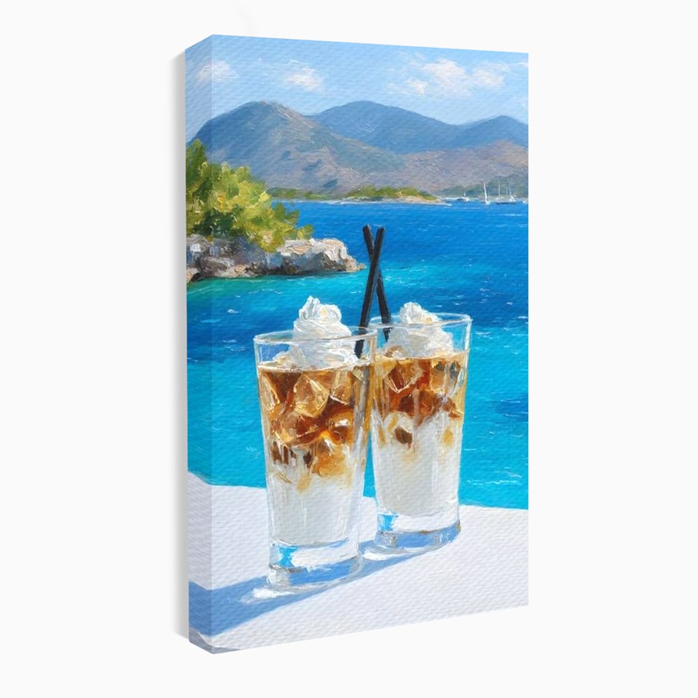 Tablou Canvas Premium, LuxCanva® N1049, Escapada cu Gust, Cafea, Frappe, Pahare, Frisca, Gheata, Latte, Vacanta, Rasfat, Priveliste, Ocean, Pub, Cafenea, Bar, Restaurant, Bucatarie