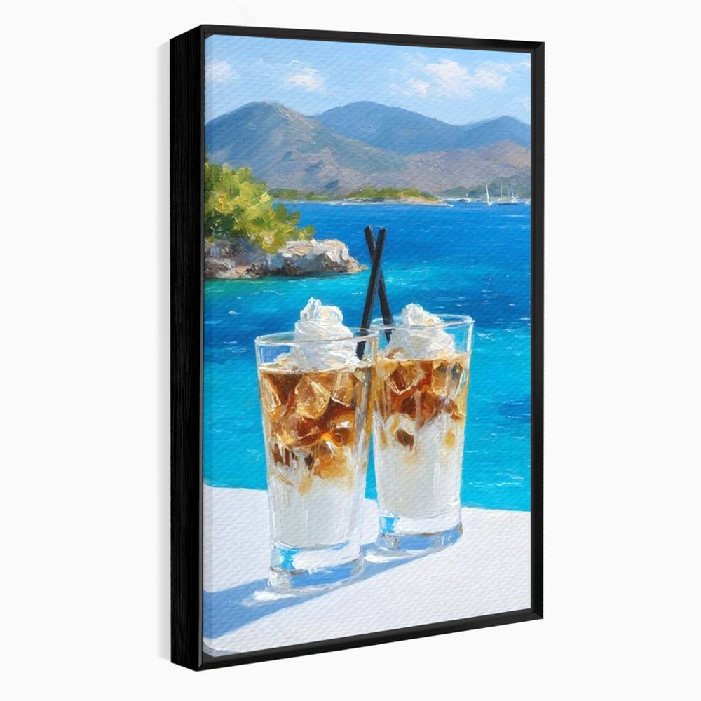 Tablou Canvas Premium, LuxCanva® N1049, Escapada cu Gust, Cafea, Frappe, Pahare, Frisca, Gheata, Latte, Vacanta, Rasfat, Priveliste, Ocean, Pub, Cafenea, Bar, Restaurant, Bucatarie