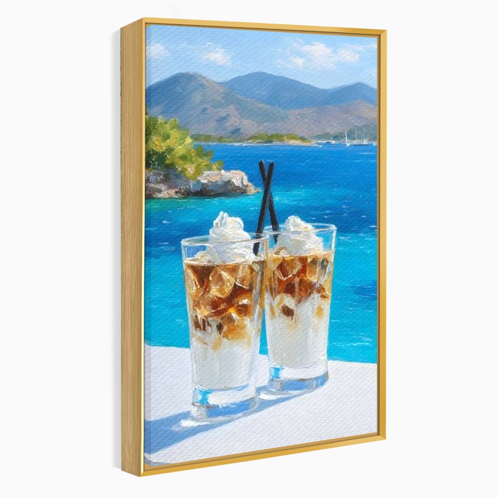 Tablou Canvas Premium, LuxCanva® N1049, Escapada cu Gust, Cafea, Frappe, Pahare, Frisca, Gheata, Latte, Vacanta, Rasfat, Priveliste, Ocean, Pub, Cafenea, Bar, Restaurant, Bucatarie