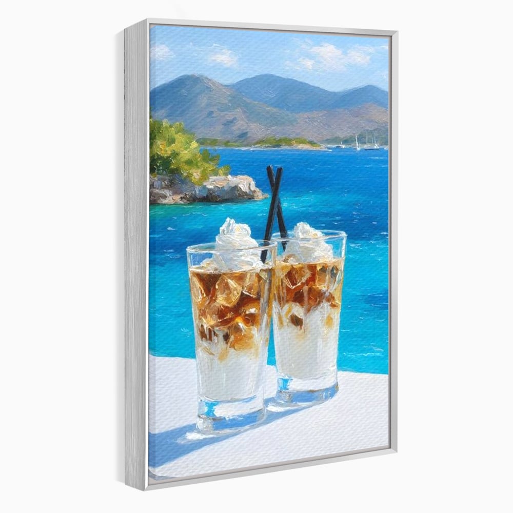 Tablou Canvas Premium, LuxCanva® N1049, Escapada cu Gust, Cafea, Frappe, Pahare, Frisca, Gheata, Latte, Vacanta, Rasfat, Priveliste, Ocean, Pub, Cafenea, Bar, Restaurant, Bucatarie
