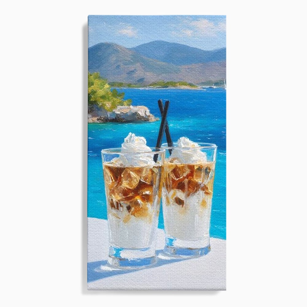 Tablou Canvas Premium, LuxCanva® N1049, Escapada cu Gust, Cafea, Frappe, Pahare, Frisca, Gheata, Latte, Vacanta, Rasfat, Priveliste, Ocean, Pub, Cafenea, Bar, Restaurant, Bucatarie