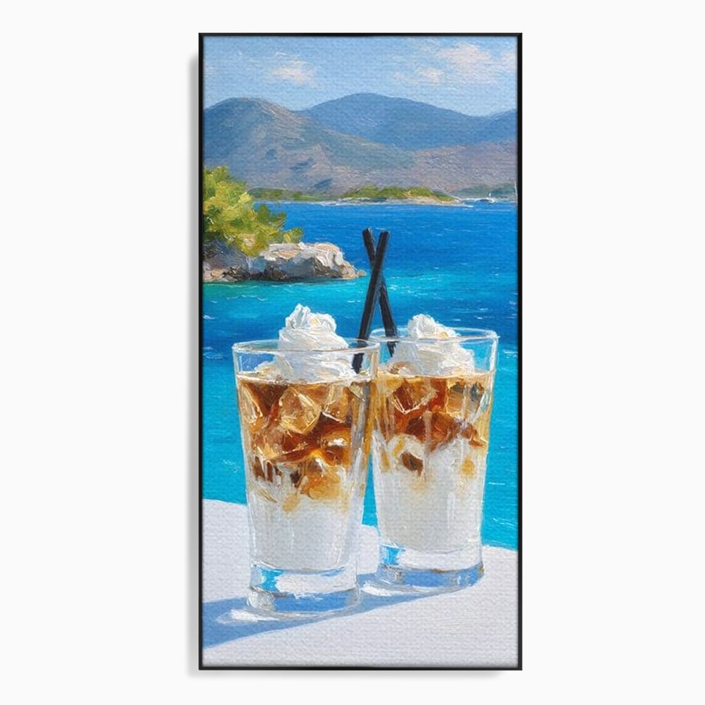 Tablou Canvas Premium, LuxCanva® N1049, Escapada cu Gust, Cafea, Frappe, Pahare, Frisca, Gheata, Latte, Vacanta, Rasfat, Priveliste, Ocean, Pub, Cafenea, Bar, Restaurant, Bucatarie