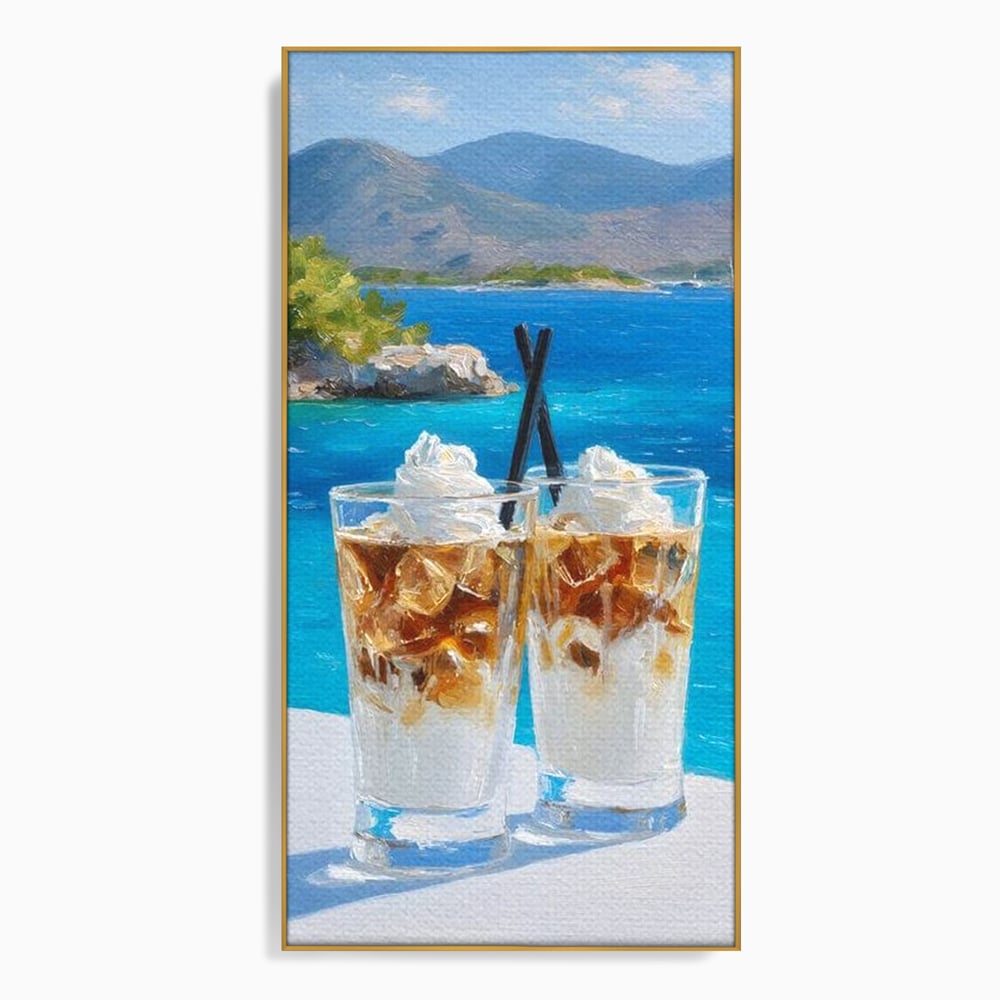 Tablou Canvas Premium, LuxCanva® N1049, Escapada cu Gust, Cafea, Frappe, Pahare, Frisca, Gheata, Latte, Vacanta, Rasfat, Priveliste, Ocean, Pub, Cafenea, Bar, Restaurant, Bucatarie