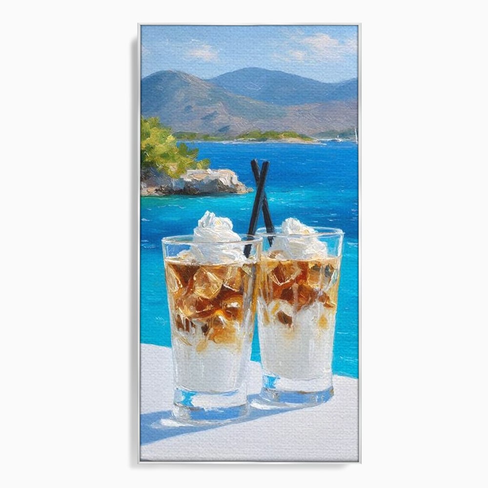 Tablou Canvas Premium, LuxCanva® N1049, Escapada cu Gust, Cafea, Frappe, Pahare, Frisca, Gheata, Latte, Vacanta, Rasfat, Priveliste, Ocean, Pub, Cafenea, Bar, Restaurant, Bucatarie
