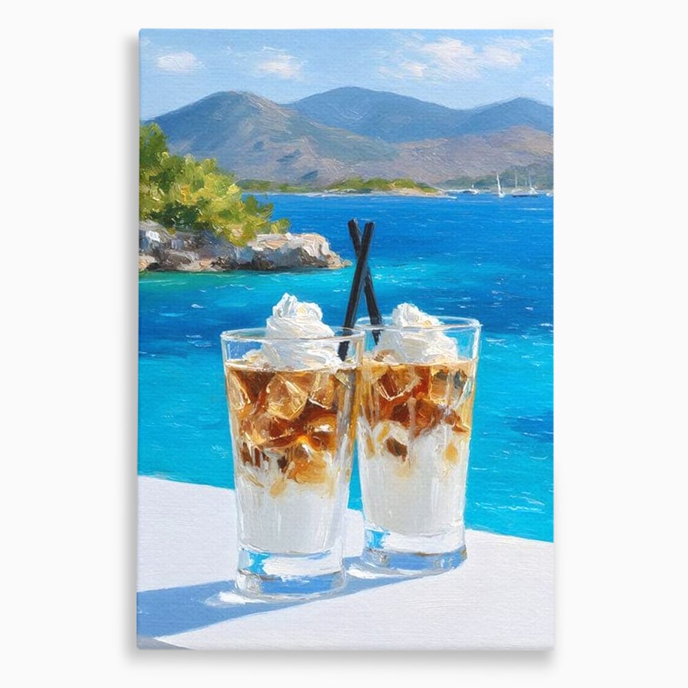 Tablou Canvas Premium, LuxCanva® N1049, Escapada cu Gust, Cafea, Frappe, Pahare, Frisca, Gheata, Latte, Vacanta, Rasfat, Priveliste, Ocean, Pub, Cafenea, Bar, Restaurant, Bucatarie