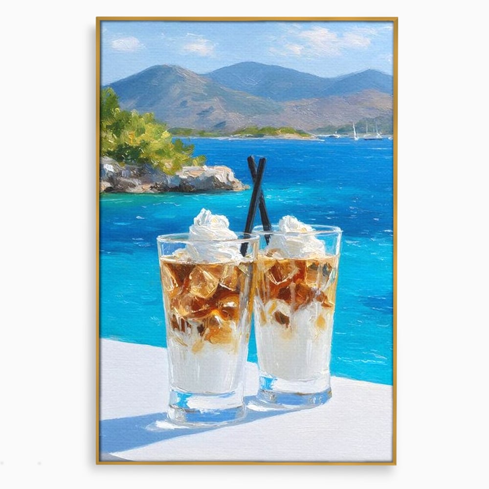 Tablou Canvas Premium, LuxCanva® N1049, Escapada cu Gust, Cafea, Frappe, Pahare, Frisca, Gheata, Latte, Vacanta, Rasfat, Priveliste, Ocean, Pub, Cafenea, Bar, Restaurant, Bucatarie