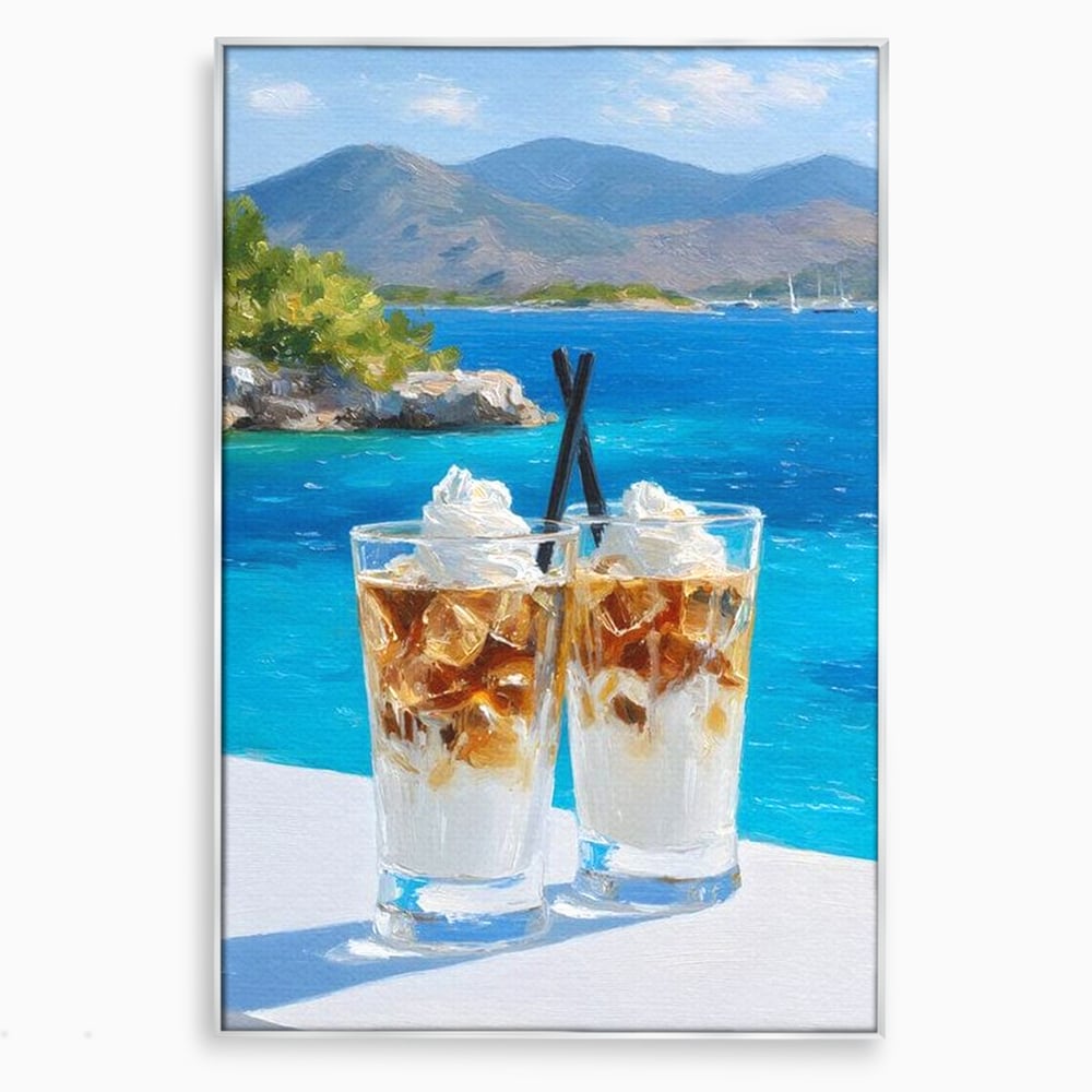 Tablou Canvas Premium, LuxCanva® N1049, Escapada cu Gust, Cafea, Frappe, Pahare, Frisca, Gheata, Latte, Vacanta, Rasfat, Priveliste, Ocean, Pub, Cafenea, Bar, Restaurant, Bucatarie