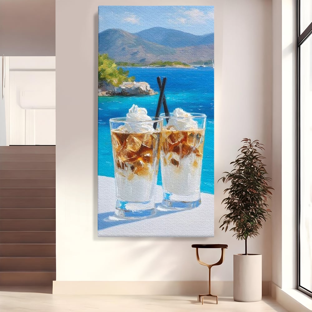 Tablou Canvas Premium, LuxCanva® N1049, Escapada cu Gust, Cafea, Frappe, Pahare, Frisca, Gheata, Latte, Vacanta, Rasfat, Priveliste, Ocean, Pub, Cafenea, Bar, Restaurant, Bucatarie