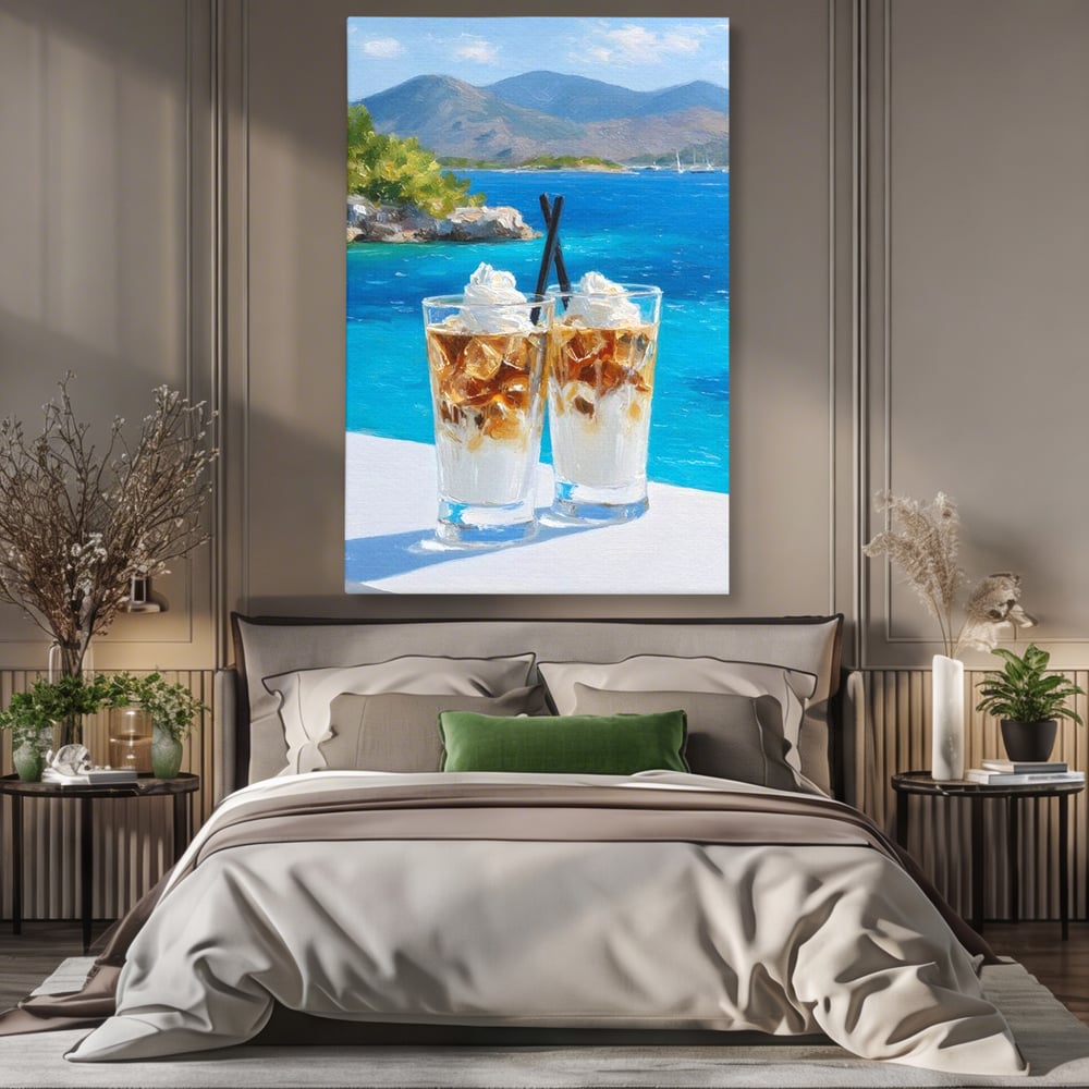 Tablou Canvas Premium, LuxCanva® N1049, Escapada cu Gust, Cafea, Frappe, Pahare, Frisca, Gheata, Latte, Vacanta, Rasfat, Priveliste, Ocean, Pub, Cafenea, Bar, Restaurant, Bucatarie