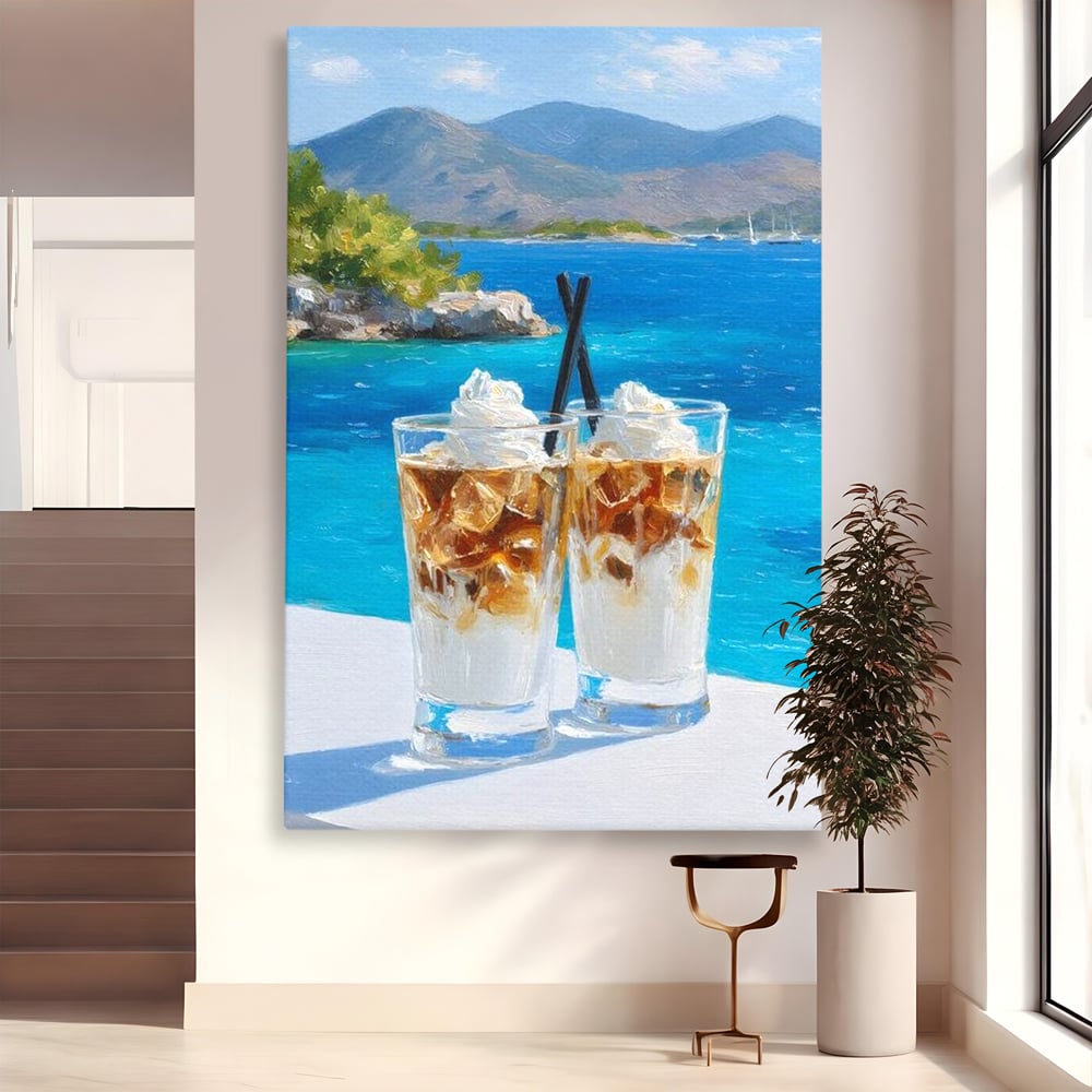 Tablou Canvas Premium, LuxCanva® N1049, Escapada cu Gust, Cafea, Frappe, Pahare, Frisca, Gheata, Latte, Vacanta, Rasfat, Priveliste, Ocean, Pub, Cafenea, Bar, Restaurant, Bucatarie