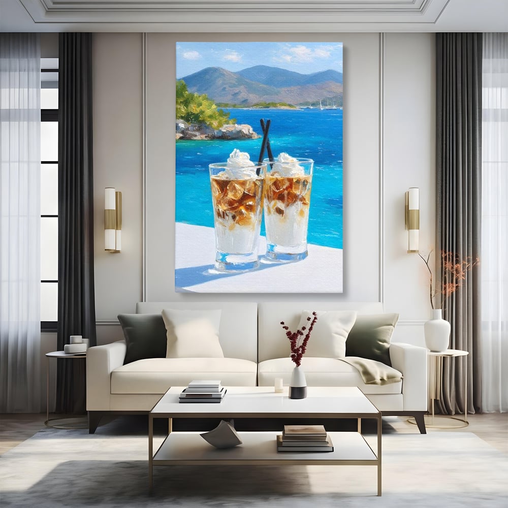 Tablou Canvas Premium, LuxCanva® N1049, Escapada cu Gust, Cafea, Frappe, Pahare, Frisca, Gheata, Latte, Vacanta, Rasfat, Priveliste, Ocean, Pub, Cafenea, Bar, Restaurant, Bucatarie